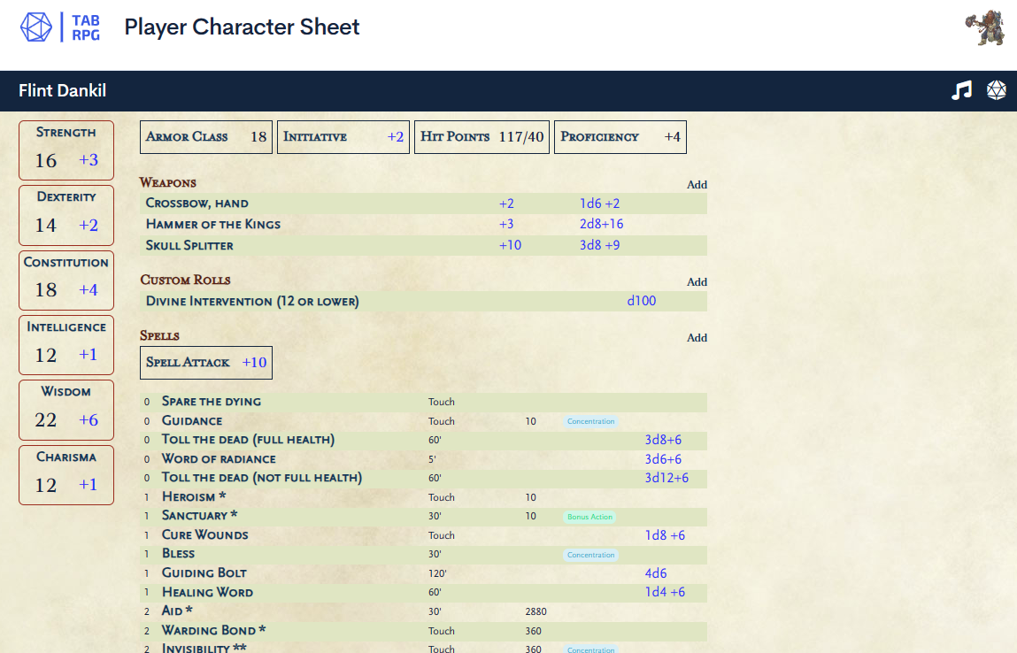 Character sheet example screenshot